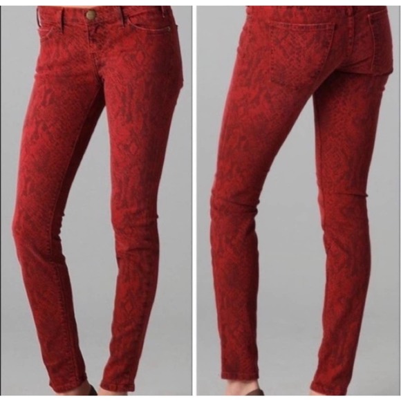 Current/Elliott Denim - Current/Elliott Ankle Skinny Red Paprika Python Snake Animal Print Jeans, 26